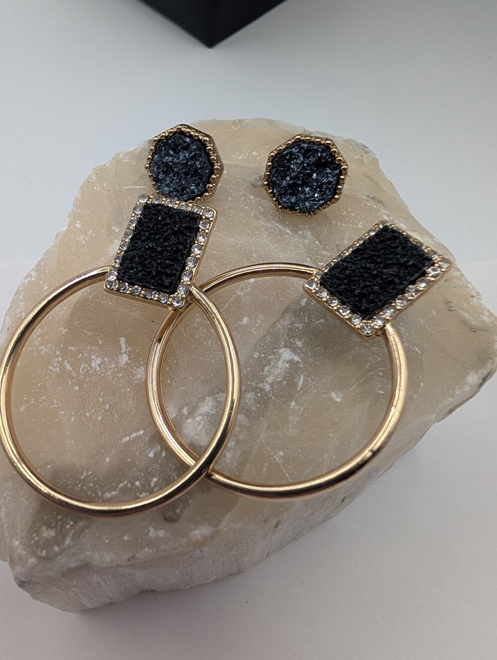 SUGARFIX by BaubleBar Black Druzy Gold Tone Hoop Drop 2 pr Earrings Navy Blu
